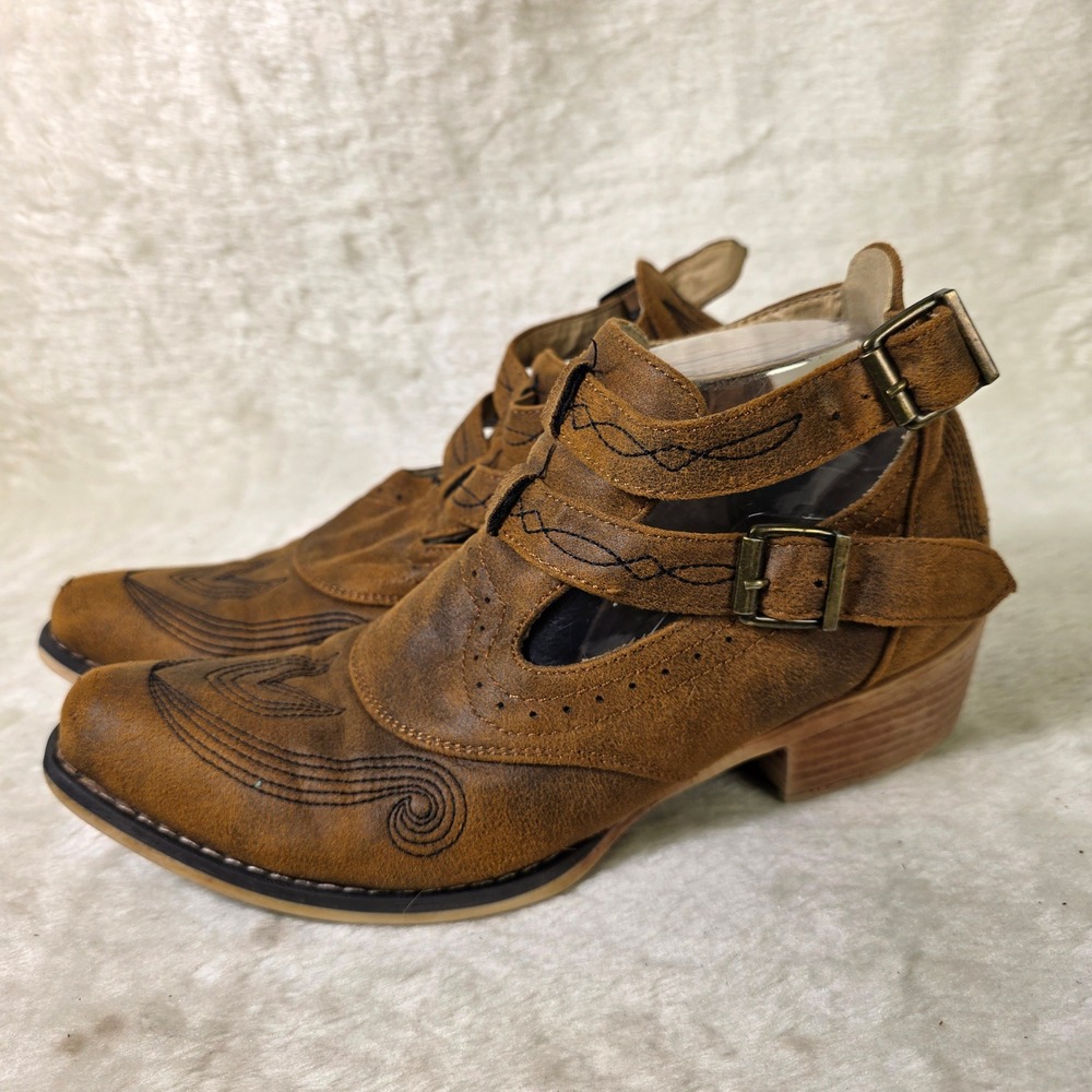 Roper Ankle Western Cowboy Booties Shooties Brown Faux Suede Buckles Women 8.5